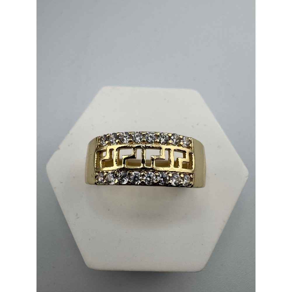 Gold Plated Greek Key Fretwork Ring Cubic Zirconia Accents Size 7